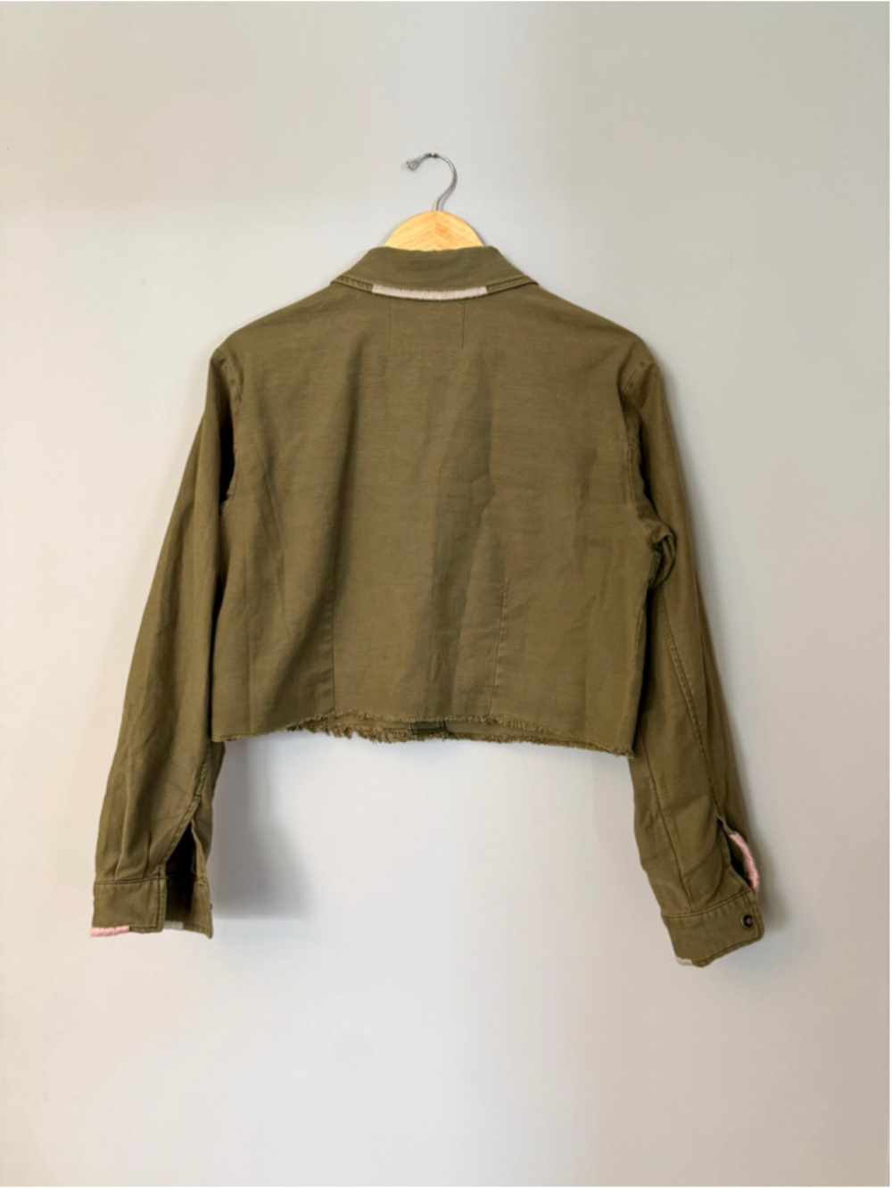 Olive Cropped Utility Jacket with Pink Trim - Picture 7 of 7